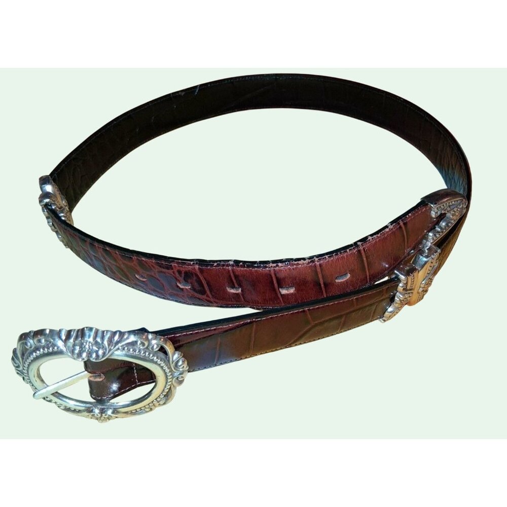 Brown Croc Embossed Belt With Ornate Silver Buckle & Tips XLarge